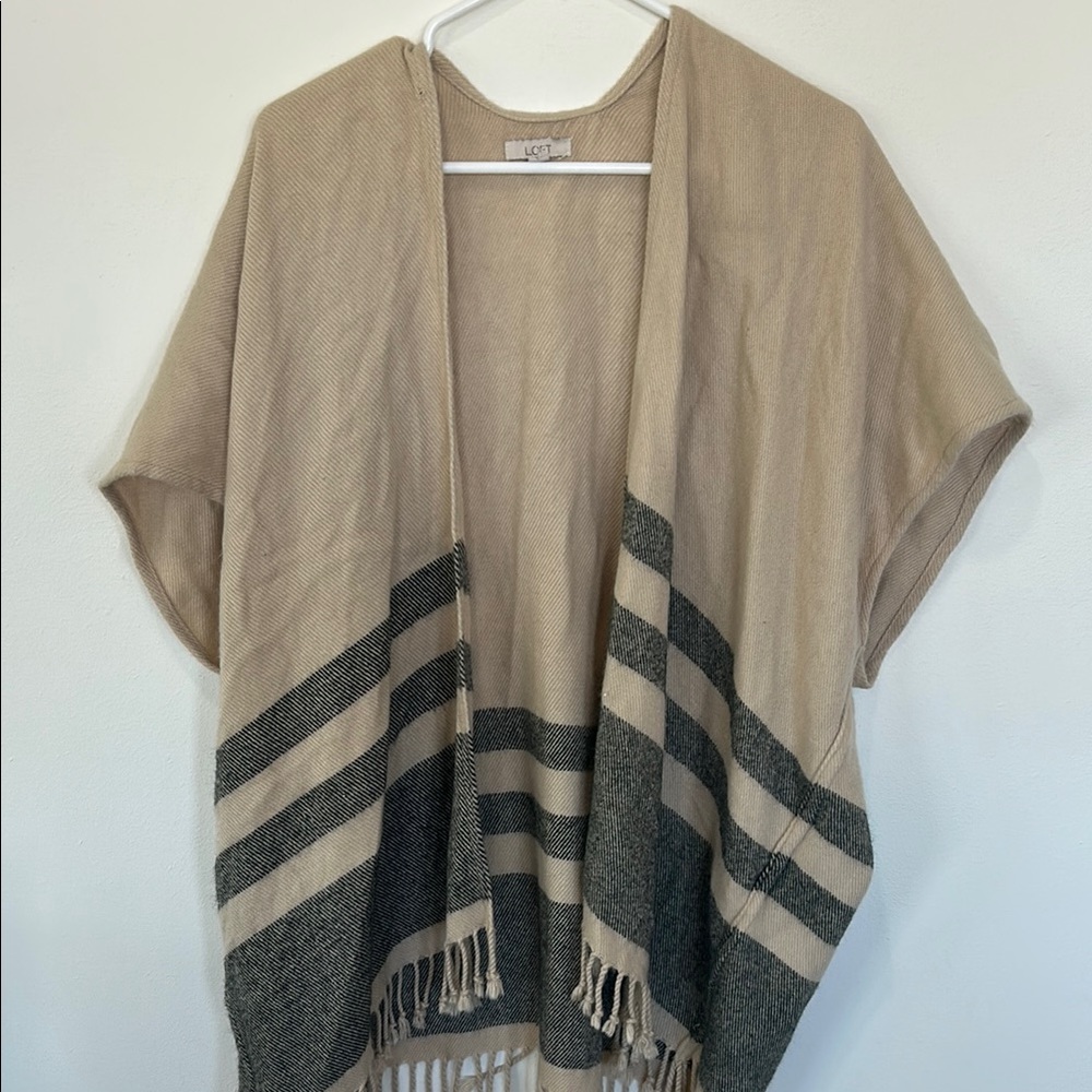 Beige and Gray Striped Open Cardigan